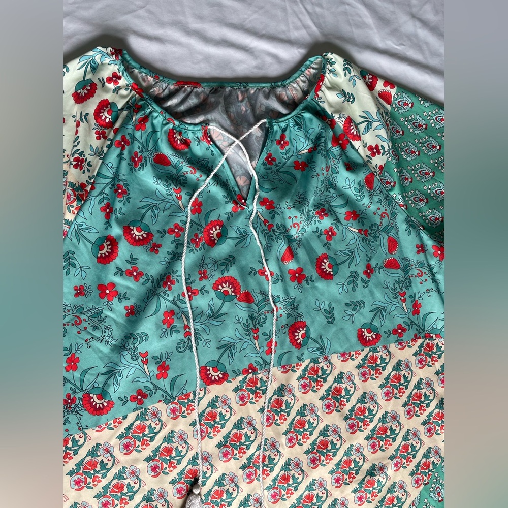 Patchwork Boho Peasant Blouse Top 2XL Floral Spring Balloon Sleeve Casual Tassel - Picture 4 of 16